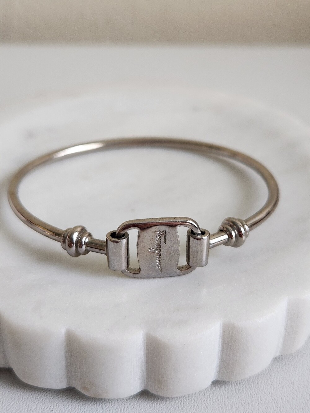 Salvatore Ferragamo Vara Silver Tone Bangle Bracelet